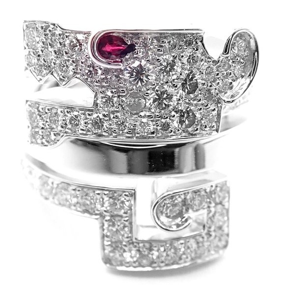 Authentic! Cartier Le Baiser Du Dragon 18k White Gold Diamond Ruby Ring Paper - Picture 1 of 10